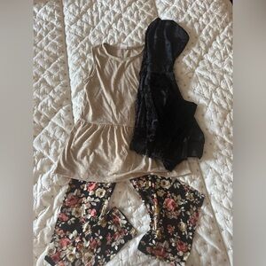 Floral Leggings with Beige Top and Black velour zip up hoodie